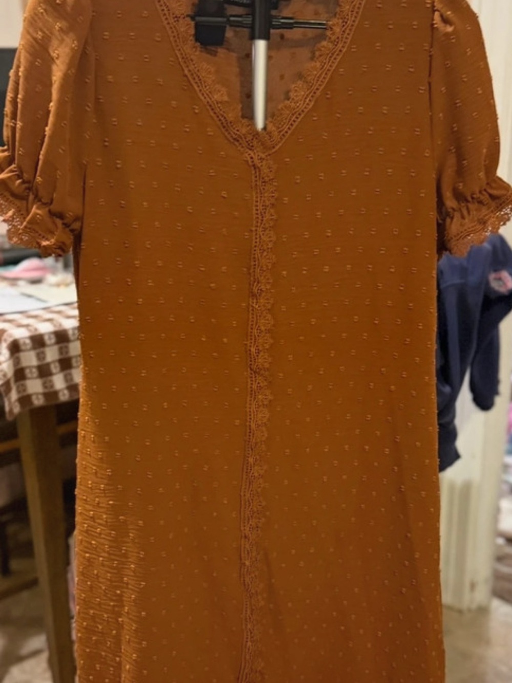 Gomorn Swiss Dot midi V-Neck Short Sleeve cottage core rust dress sweet style